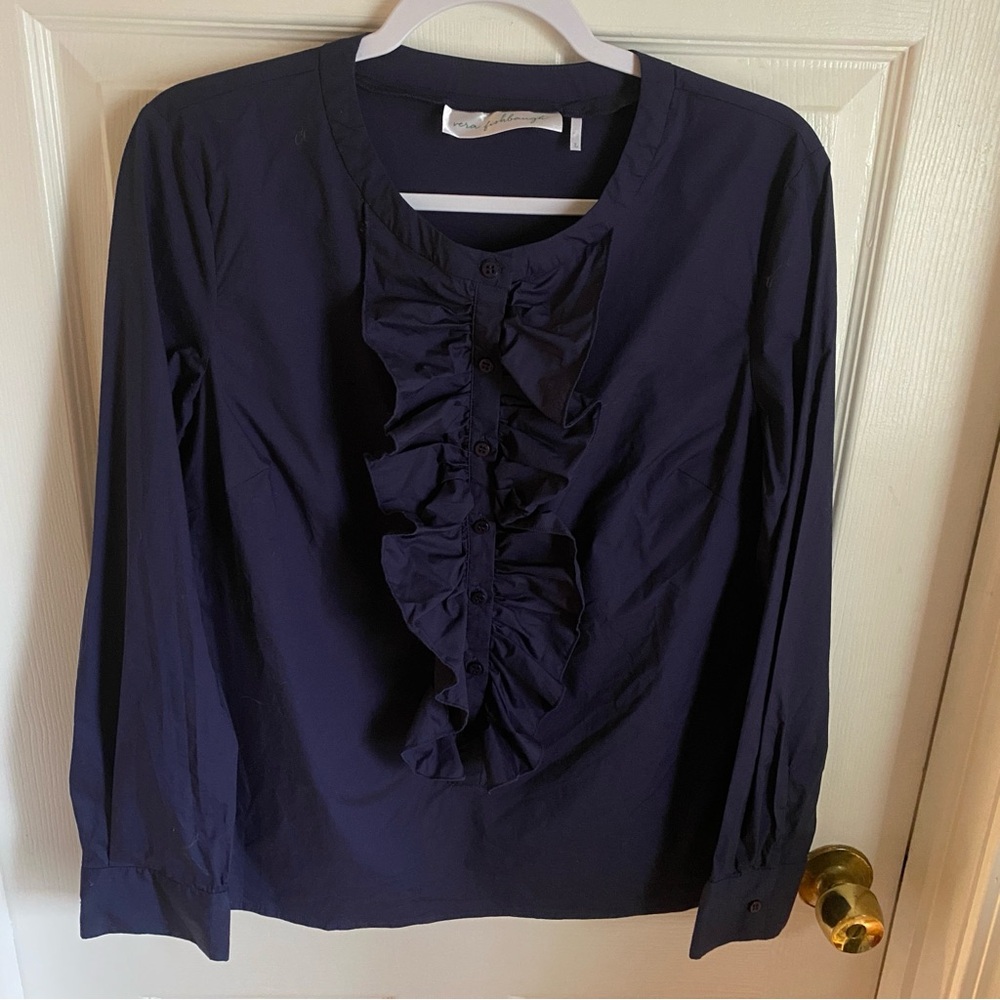 Vera Fishbaugh Navy Ruffle Front Collar Shirt Large